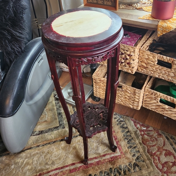 Vintage Rosewood Carved Marble Top 33" Plant Stand Planter Dark Wood Cherry 50s - Picture 12 of 12
